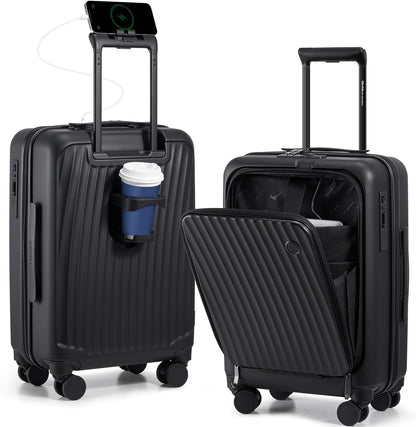 Carry On Luggage with Cup Holder, Top Opening Carry On Suitcase with USB Port, Phone Holder, One-Click Brake, Top Lid Opening Hardside Luggage for Travel, Business Trip, White