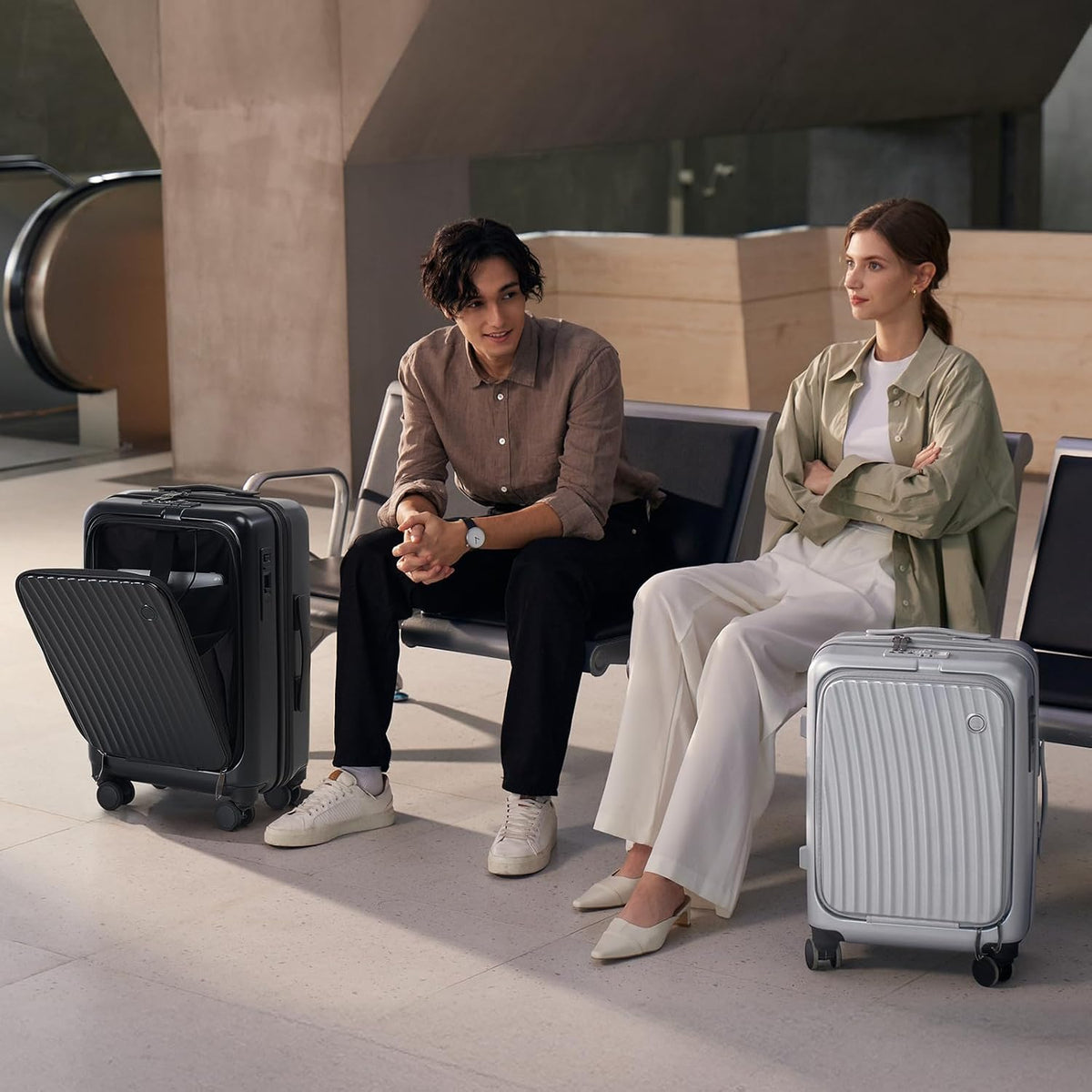 Carry On Luggage with Cup Holder, Top Opening Carry On Suitcase with USB Port, Phone Holder, One-Click Brake, Top Lid Opening Hardside Luggage for Travel, Business Trip, White