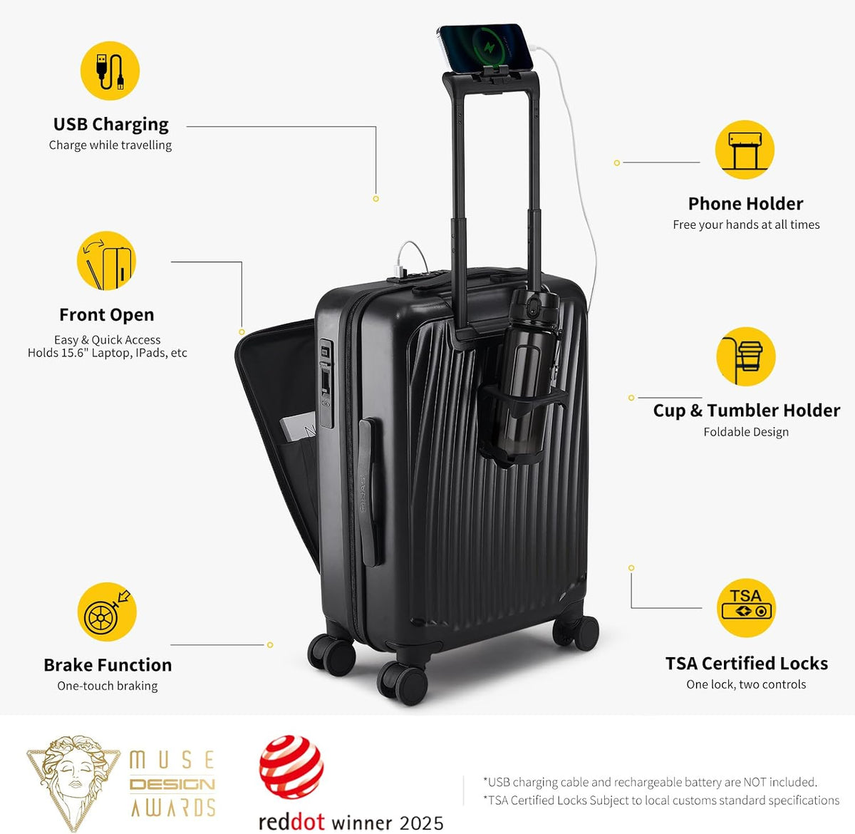 Carry On Luggage with Cup Holder, Top Opening Carry On Suitcase with USB Port, Phone Holder, One-Click Brake, Top Lid Opening Hardside Luggage for Travel, Business Trip, White