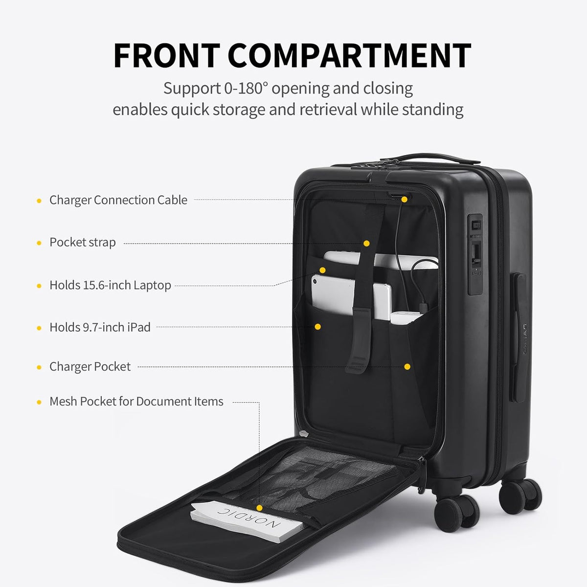 Carry On Luggage with Cup Holder, Top Opening Carry On Suitcase with USB Port, Phone Holder, One-Click Brake, Top Lid Opening Hardside Luggage for Travel, Business Trip, White