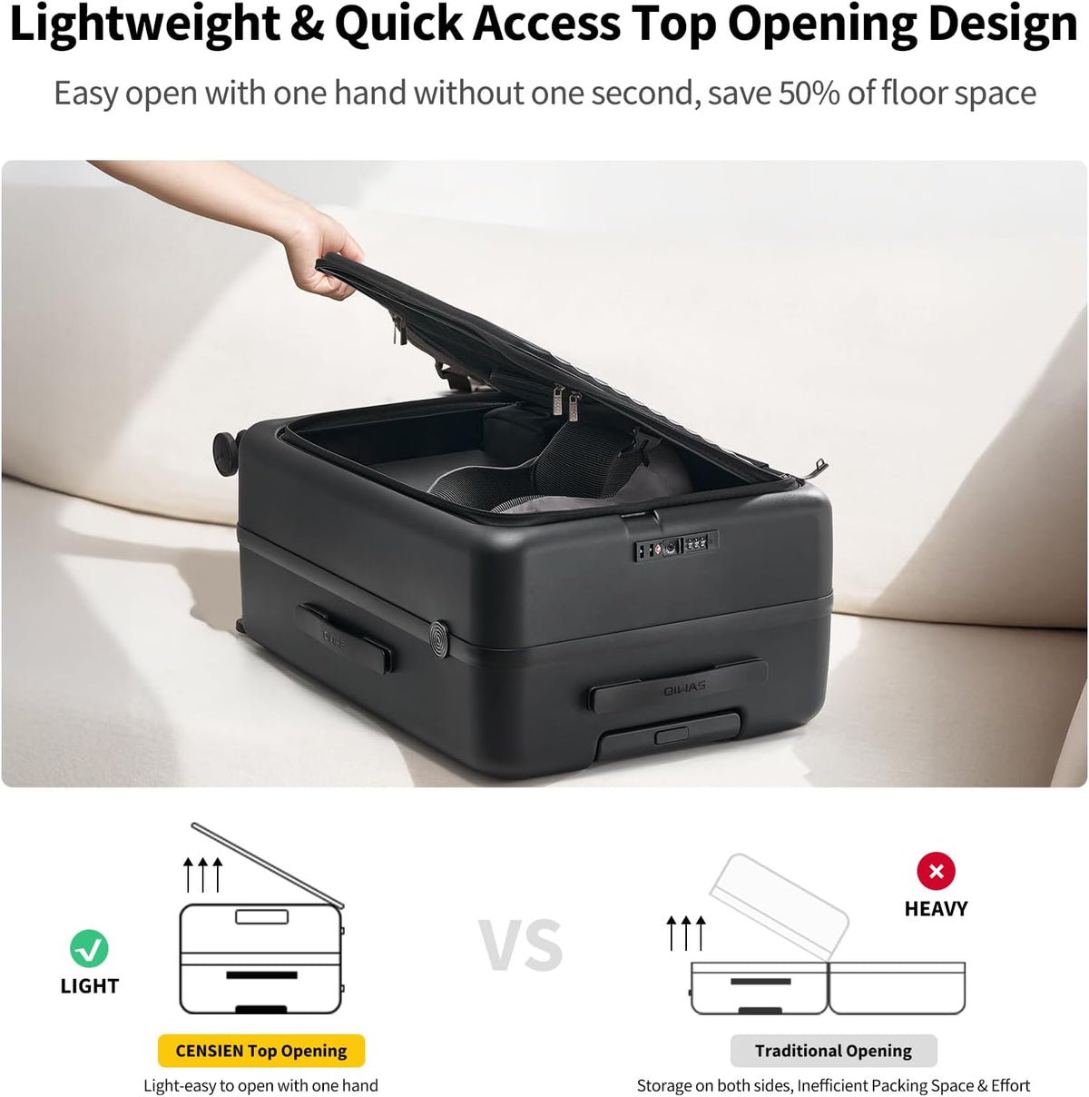 Carry On Luggage with Cup Holder, Top Opening Carry On Suitcase with USB Port, Phone Holder, One-Click Brake, Top Lid Opening Hardside Luggage for Travel, Business Trip, White