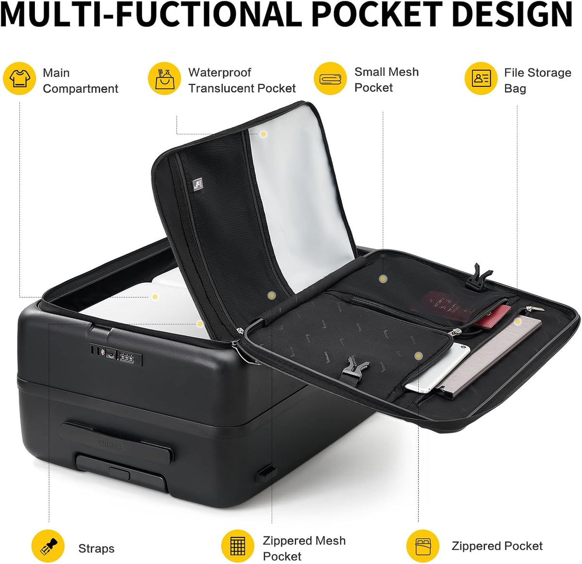 Carry On Luggage with Cup Holder, Top Opening Carry On Suitcase with USB Port, Phone Holder, One-Click Brake, Top Lid Opening Hardside Luggage for Travel, Business Trip, White