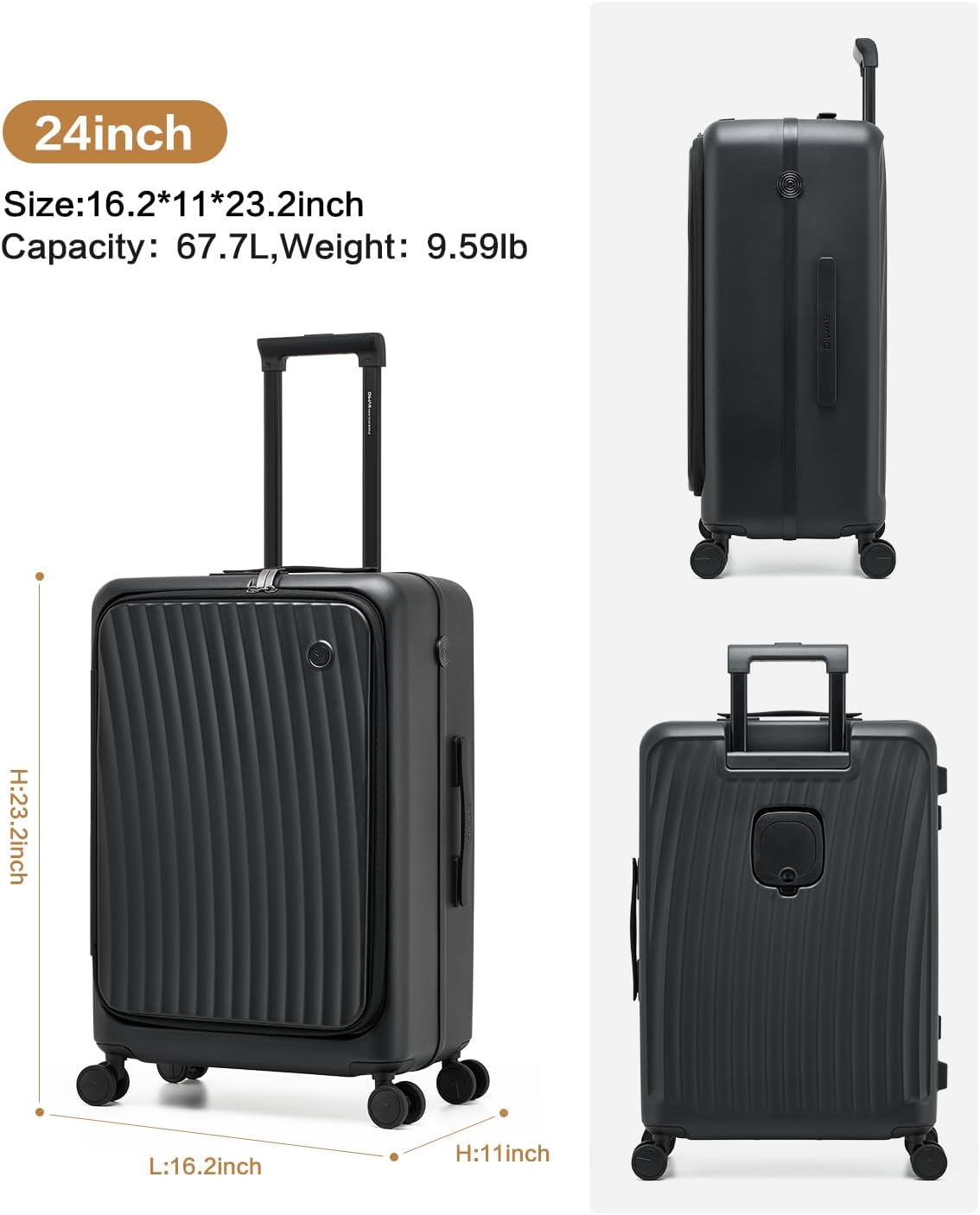 Carry On Luggage with Cup Holder, Top Opening Carry On Suitcase with USB Port, Phone Holder, One-Click Brake, Top Lid Opening Hardside Luggage for Travel, Business Trip, White
