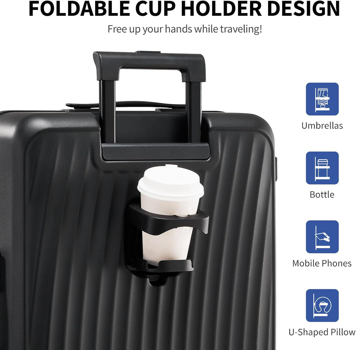Carry On Luggage with Cup Holder, Top Opening Carry On Suitcase with USB Port, Phone Holder, One-Click Brake, Top Lid Opening Hardside Luggage for Travel, Business Trip, White
