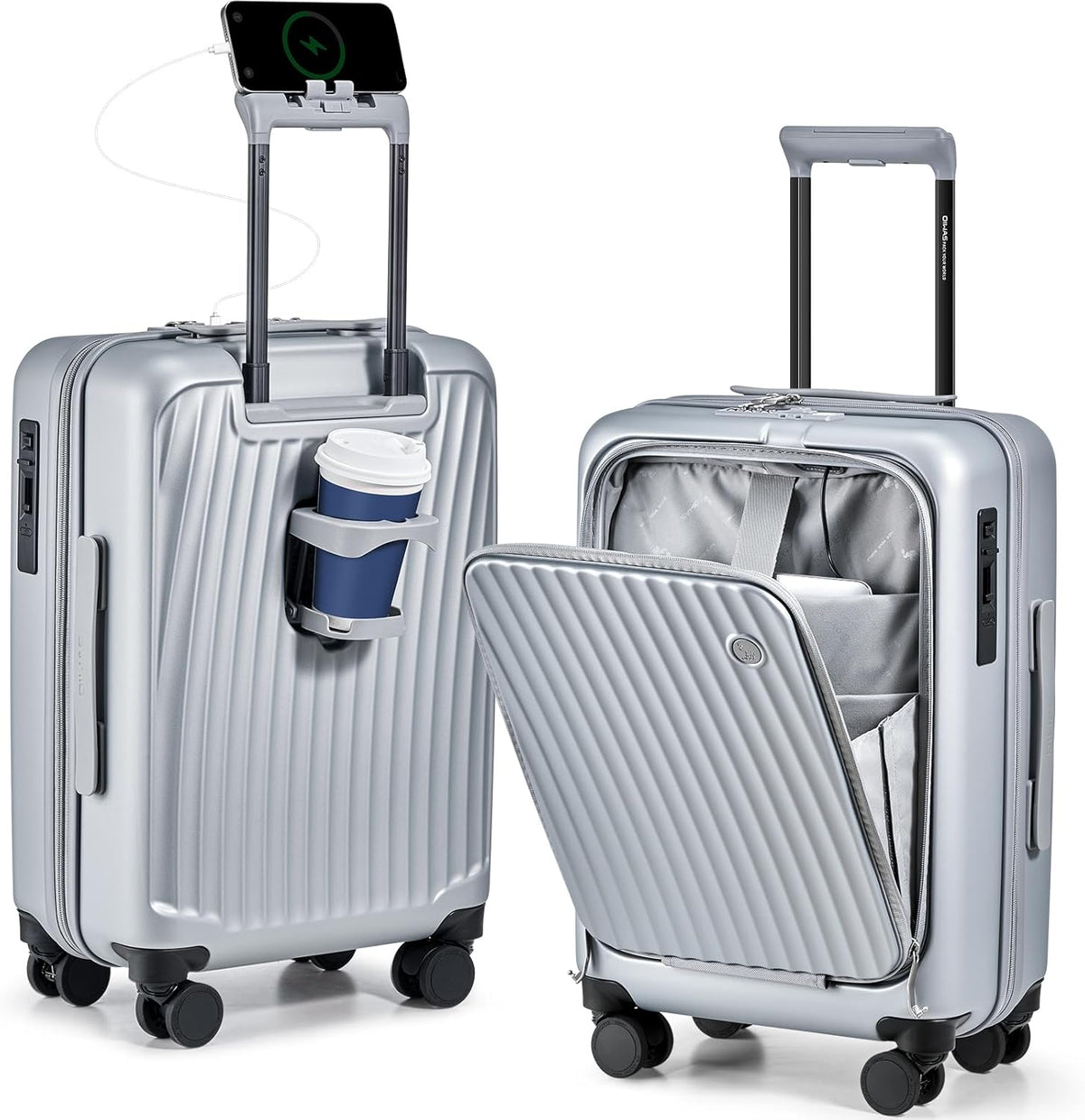Carry On Luggage with Cup Holder, Top Opening Carry On Suitcase with USB Port, Phone Holder, One-Click Brake, Top Lid Opening Hardside Luggage for Travel, Business Trip, White