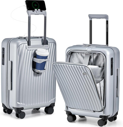 Carry On Luggage with Cup Holder, Top Opening Carry On Suitcase with USB Port, Phone Holder, One-Click Brake, Top Lid Opening Hardside Luggage for Travel, Business Trip, White