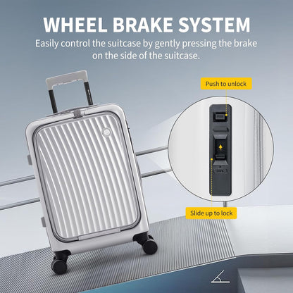 Carry On Luggage with Cup Holder, Top Opening Carry On Suitcase with USB Port, Phone Holder, One-Click Brake, Top Lid Opening Hardside Luggage for Travel, Business Trip, White