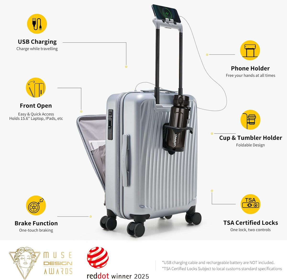 Carry On Luggage with Cup Holder, Top Opening Carry On Suitcase with USB Port, Phone Holder, One-Click Brake, Top Lid Opening Hardside Luggage for Travel, Business Trip, White