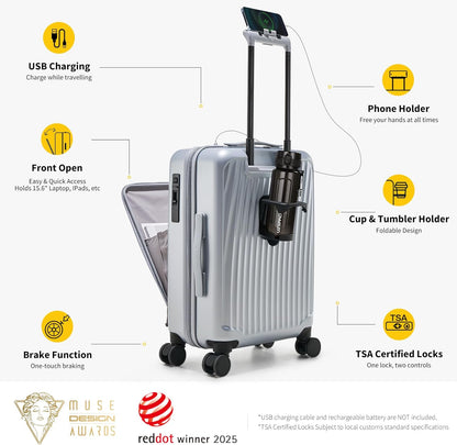 Carry On Luggage with Cup Holder, Top Opening Carry On Suitcase with USB Port, Phone Holder, One-Click Brake, Top Lid Opening Hardside Luggage for Travel, Business Trip, White
