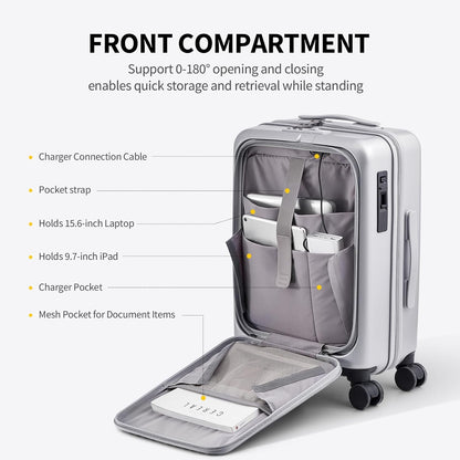 Carry On Luggage with Cup Holder, Top Opening Carry On Suitcase with USB Port, Phone Holder, One-Click Brake, Top Lid Opening Hardside Luggage for Travel, Business Trip, White