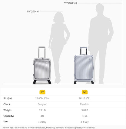 Carry On Luggage with Cup Holder, Top Opening Carry On Suitcase with USB Port, Phone Holder, One-Click Brake, Top Lid Opening Hardside Luggage for Travel, Business Trip, White