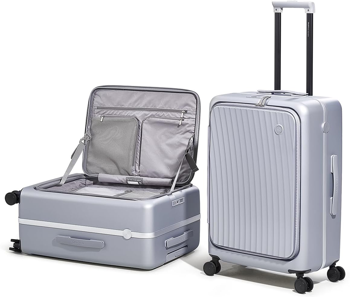 Carry On Luggage with Cup Holder, Top Opening Carry On Suitcase with USB Port, Phone Holder, One-Click Brake, Top Lid Opening Hardside Luggage for Travel, Business Trip, White