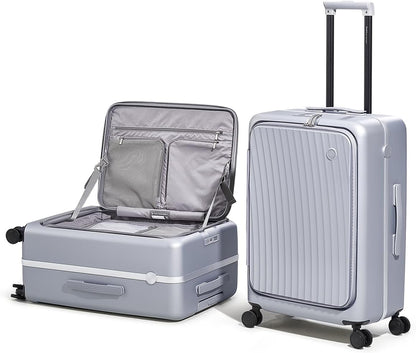 Carry On Luggage with Cup Holder, Top Opening Carry On Suitcase with USB Port, Phone Holder, One-Click Brake, Top Lid Opening Hardside Luggage for Travel, Business Trip, White