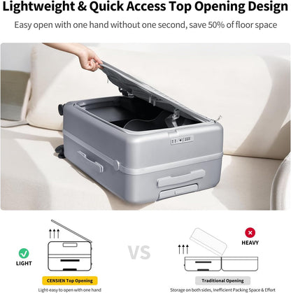 Carry On Luggage with Cup Holder, Top Opening Carry On Suitcase with USB Port, Phone Holder, One-Click Brake, Top Lid Opening Hardside Luggage for Travel, Business Trip, White