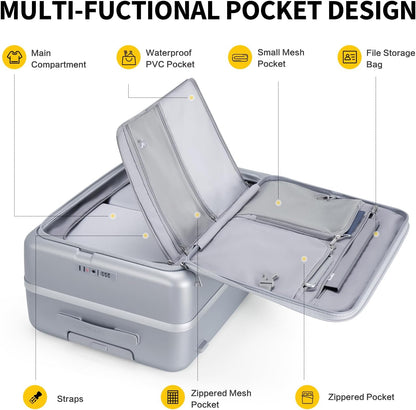 Carry On Luggage with Cup Holder, Top Opening Carry On Suitcase with USB Port, Phone Holder, One-Click Brake, Top Lid Opening Hardside Luggage for Travel, Business Trip, White