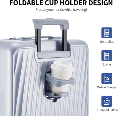 Carry On Luggage with Cup Holder, Top Opening Carry On Suitcase with USB Port, Phone Holder, One-Click Brake, Top Lid Opening Hardside Luggage for Travel, Business Trip, White