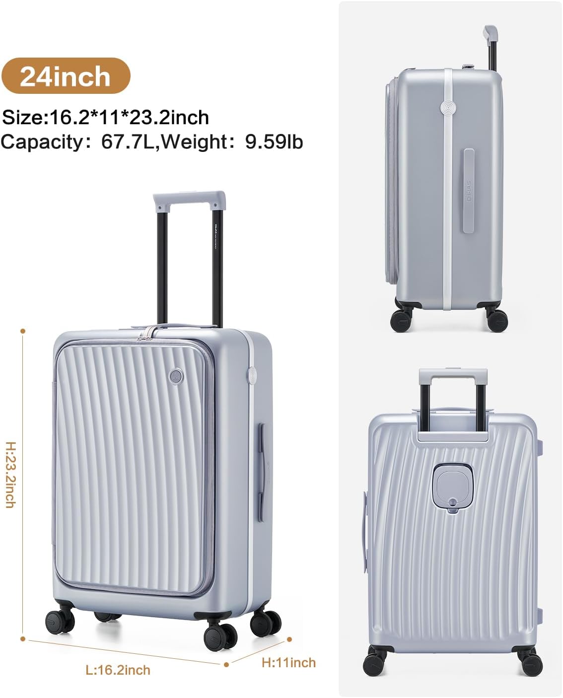 Carry On Luggage with Cup Holder, Top Opening Carry On Suitcase with USB Port, Phone Holder, One-Click Brake, Top Lid Opening Hardside Luggage for Travel, Business Trip, White