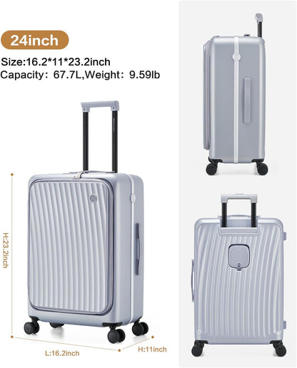 Carry On Luggage with Cup Holder, Top Opening Carry On Suitcase with USB Port, Phone Holder, One-Click Brake, Top Lid Opening Hardside Luggage for Travel, Business Trip, White