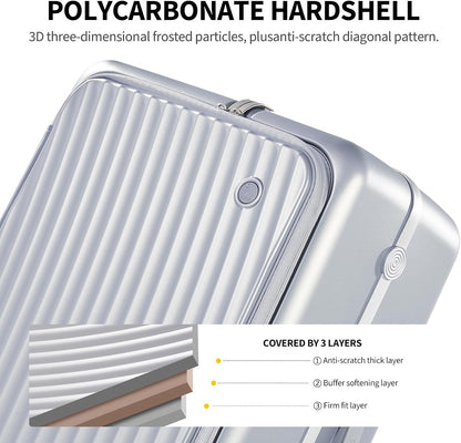 Carry On Luggage with Cup Holder, Top Opening Carry On Suitcase with USB Port, Phone Holder, One-Click Brake, Top Lid Opening Hardside Luggage for Travel, Business Trip, White