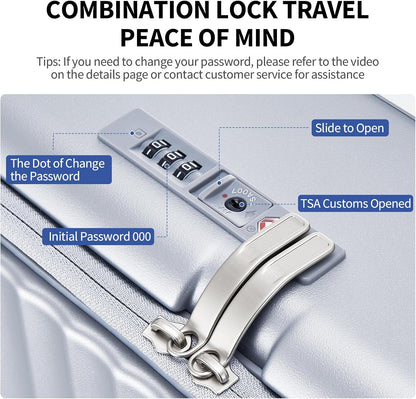 Carry On Luggage with Cup Holder, Top Opening Carry On Suitcase with USB Port, Phone Holder, One-Click Brake, Top Lid Opening Hardside Luggage for Travel, Business Trip, White