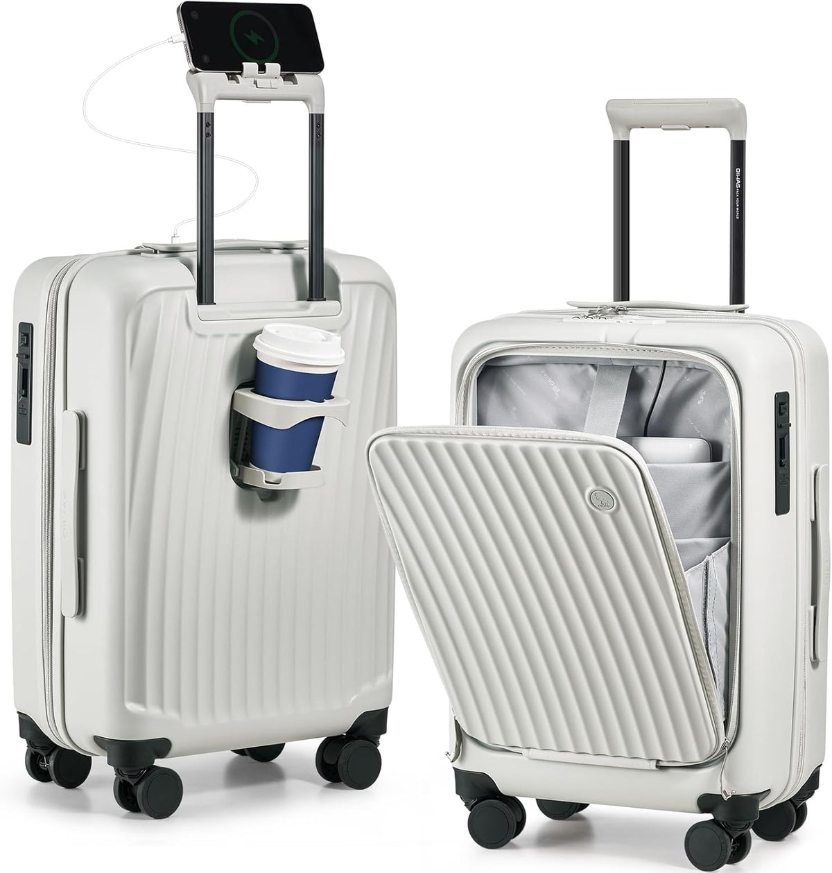 Carry On Luggage with Cup Holder, Top Opening Carry On Suitcase with USB Port, Phone Holder, One-Click Brake, Top Lid Opening Hardside Luggage for Travel, Business Trip, White