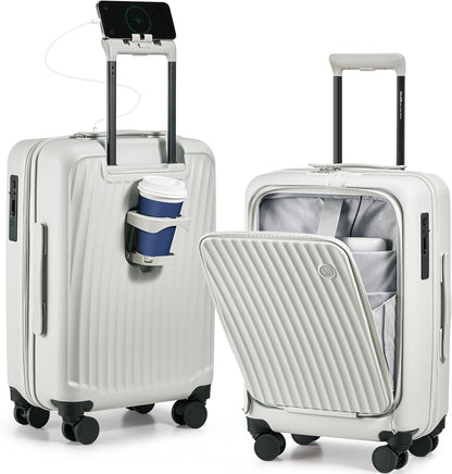 Carry On Luggage with Cup Holder, Top Opening Carry On Suitcase with USB Port, Phone Holder, One-Click Brake, Top Lid Opening Hardside Luggage for Travel, Business Trip, White