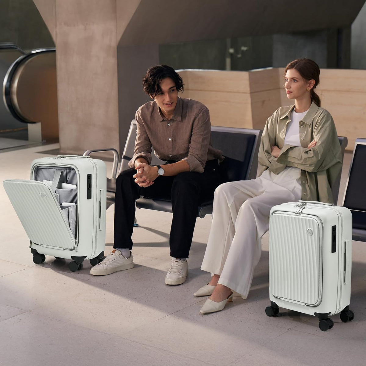 Carry On Luggage with Cup Holder, Top Opening Carry On Suitcase with USB Port, Phone Holder, One-Click Brake, Top Lid Opening Hardside Luggage for Travel, Business Trip, White