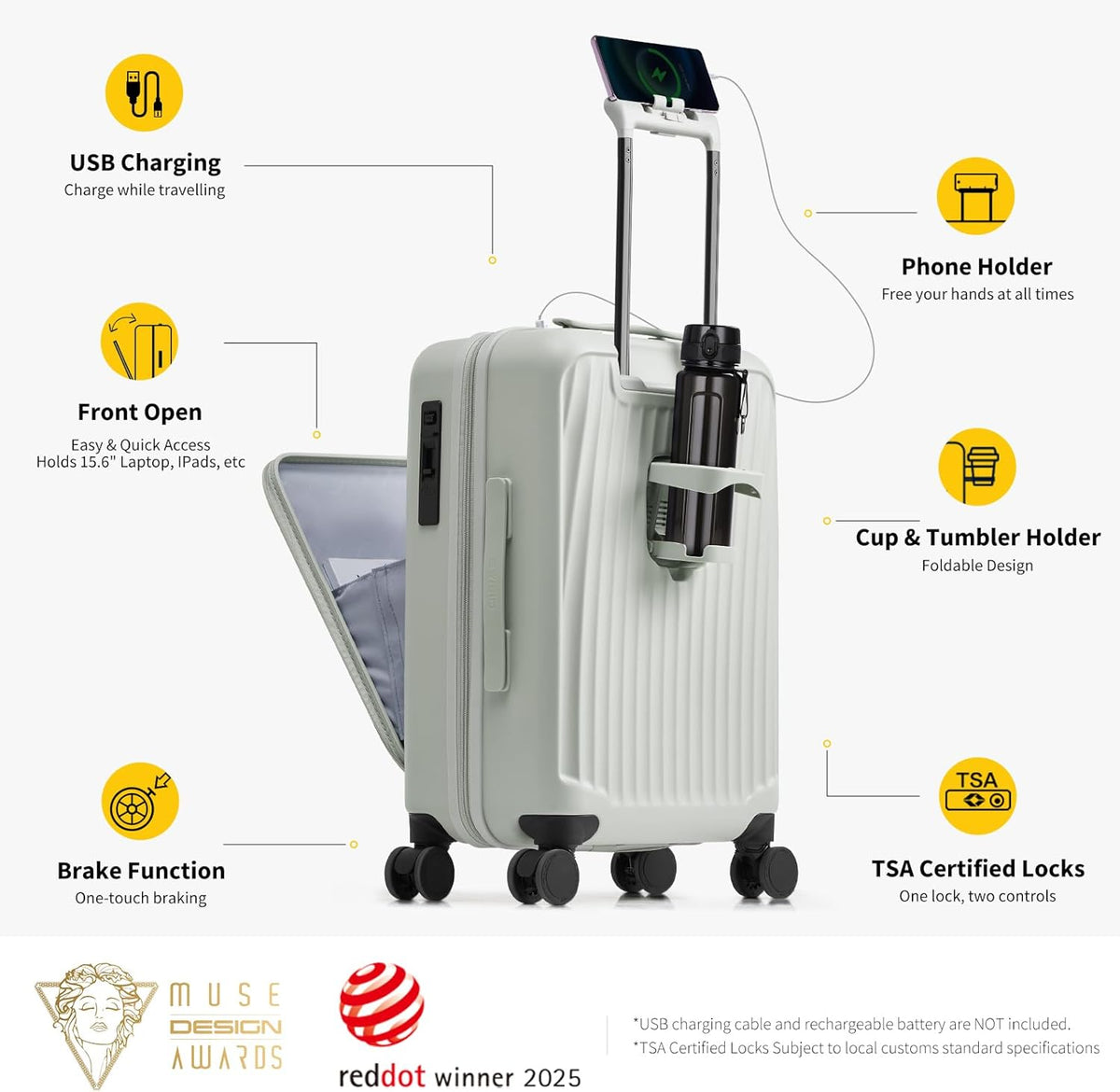 Carry On Luggage with Cup Holder, Top Opening Carry On Suitcase with USB Port, Phone Holder, One-Click Brake, Top Lid Opening Hardside Luggage for Travel, Business Trip, White