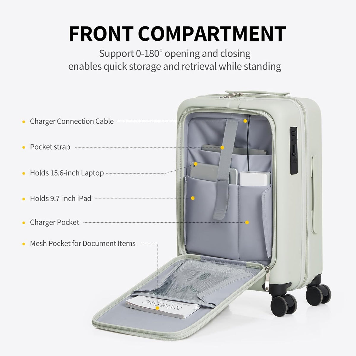 Carry On Luggage with Cup Holder, Top Opening Carry On Suitcase with USB Port, Phone Holder, One-Click Brake, Top Lid Opening Hardside Luggage for Travel, Business Trip, White