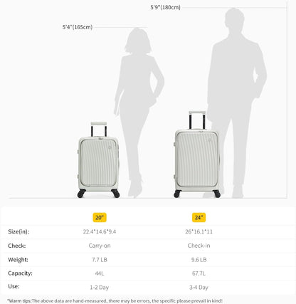 Carry On Luggage with Cup Holder, Top Opening Carry On Suitcase with USB Port, Phone Holder, One-Click Brake, Top Lid Opening Hardside Luggage for Travel, Business Trip, White