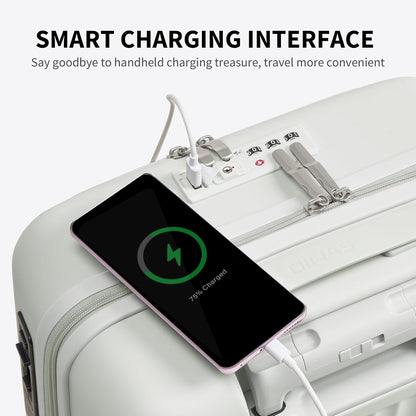 Carry On Luggage with Cup Holder, Top Opening Carry On Suitcase with USB Port, Phone Holder, One-Click Brake, Top Lid Opening Hardside Luggage for Travel, Business Trip, White