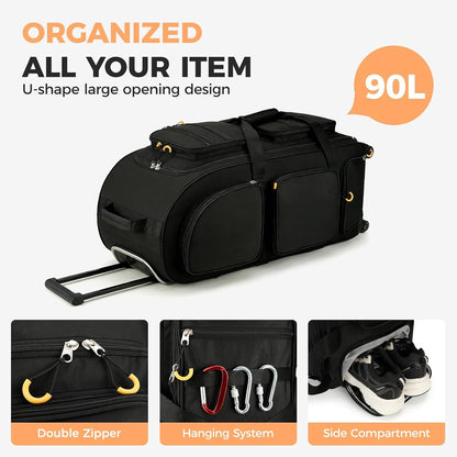 90L Rolling Duffle Bag with Wheels and Handle, 31” Large Duffle Bag for Travel, Carry On Luggage Duffel Bag with Shoe Compartment, Multi-Pocket, Water Resistant, Black