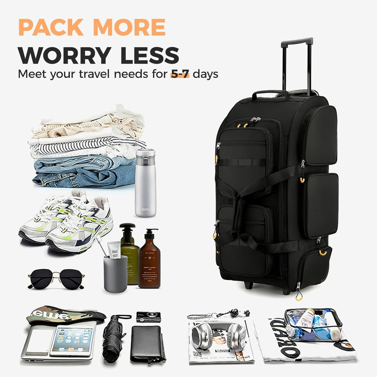 90L Rolling Duffle Bag with Wheels and Handle, 31” Large Duffle Bag for Travel, Carry On Luggage Duffel Bag with Shoe Compartment, Multi-Pocket, Water Resistant, Black