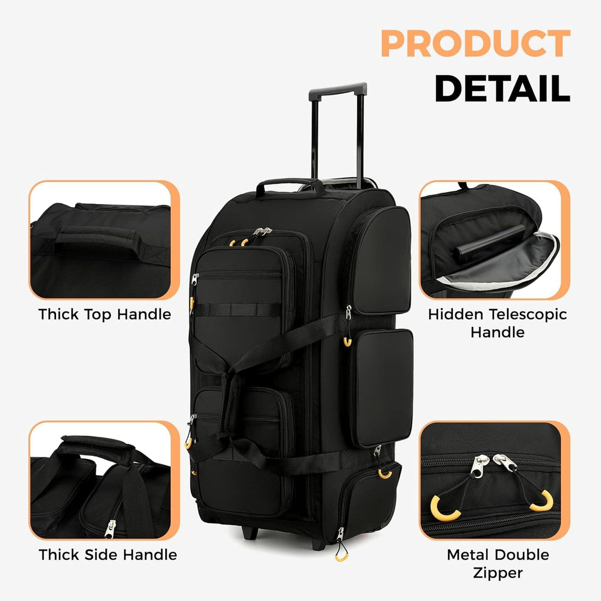 90L Rolling Duffle Bag with Wheels and Handle, 31” Large Duffle Bag for Travel, Carry On Luggage Duffel Bag with Shoe Compartment, Multi-Pocket, Water Resistant, Black