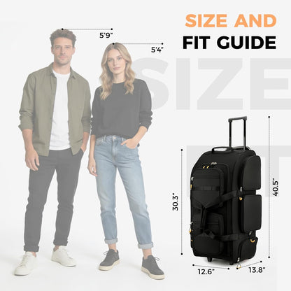 90L Rolling Duffle Bag with Wheels and Handle, 31” Large Duffle Bag for Travel, Carry On Luggage Duffel Bag with Shoe Compartment, Multi-Pocket, Water Resistant, Black