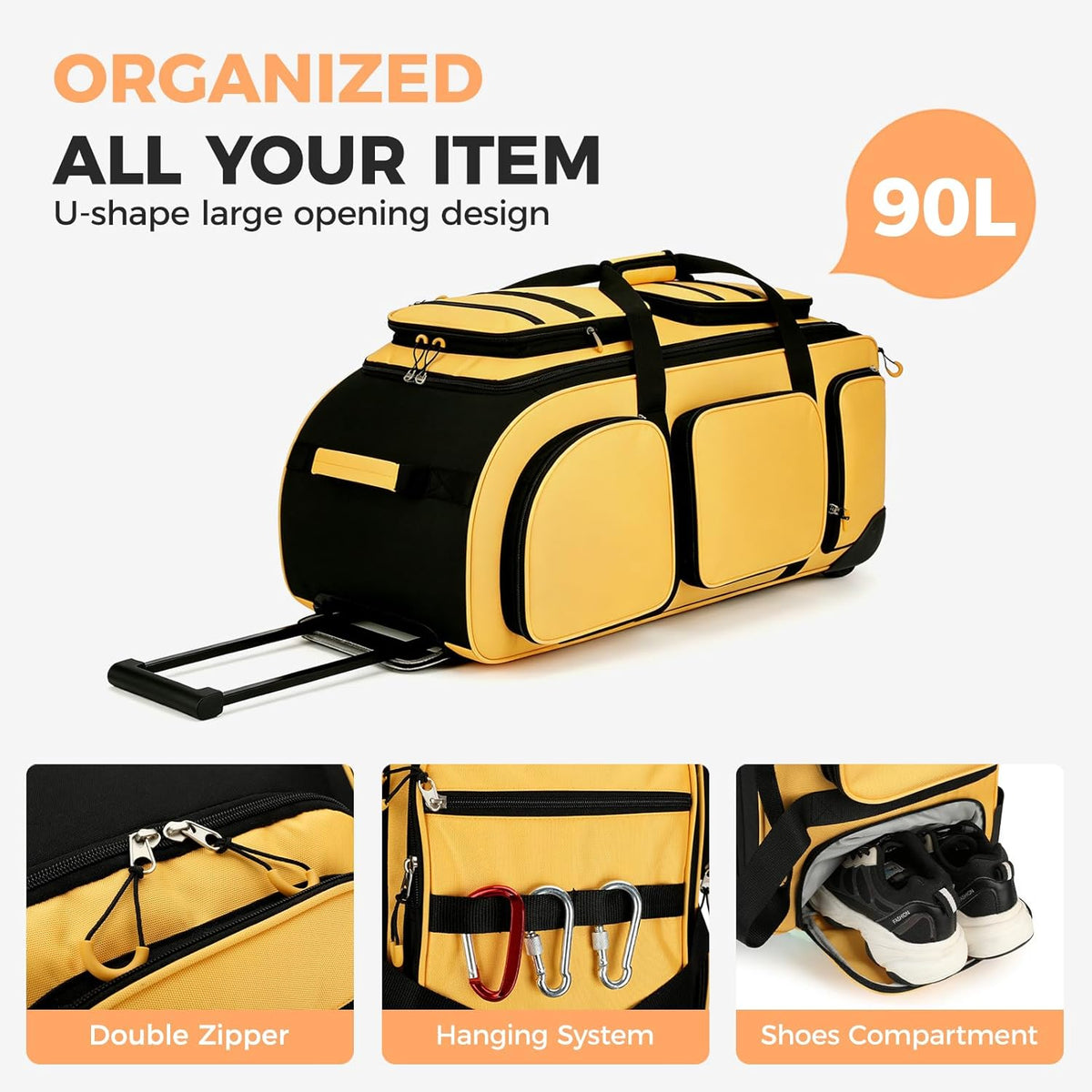 90L Rolling Duffle Bag with Wheels and Handle, 31” Large Duffle Bag for Travel, Carry On Luggage Duffel Bag with Shoe Compartment, Multi-Pocket, Water Resistant, Black