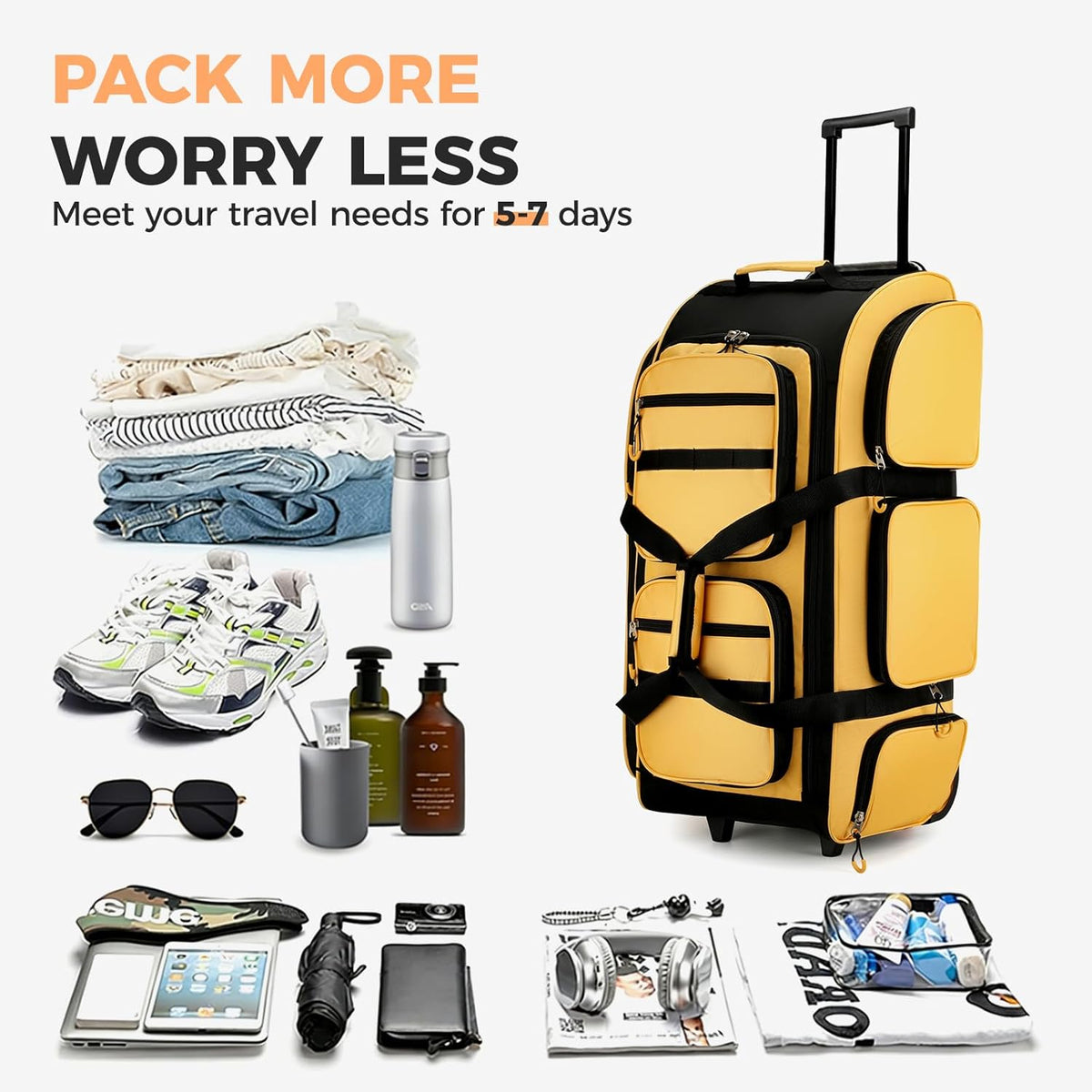 90L Rolling Duffle Bag with Wheels and Handle, 31” Large Duffle Bag for Travel, Carry On Luggage Duffel Bag with Shoe Compartment, Multi-Pocket, Water Resistant, Black