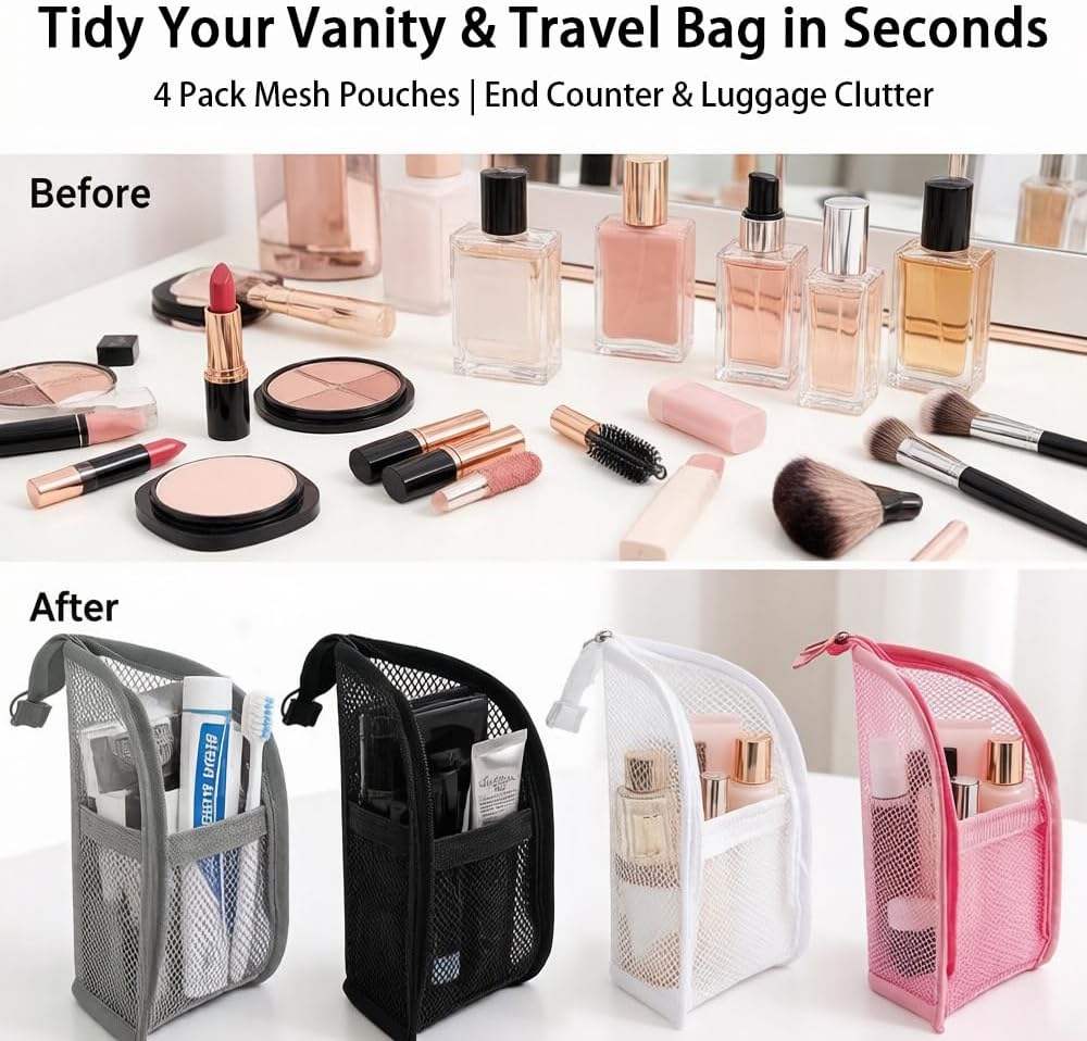 Standing Toiletry Bag for Men Women,4 Pack Lightweight Portable Waterproof Travel Toiletries Bag,Transparent EVA Mesh Hanging Makeup Cosmetic Bag,Upright Organizer Pouch Kit Accessories