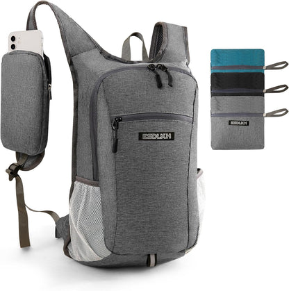 Small Hiking Backpack with Detachable Front Phone Holder, Foldable Packable Back pack with Chest and Waist Strap, Lightweight Daypack for Women Men (Gray, 15L)