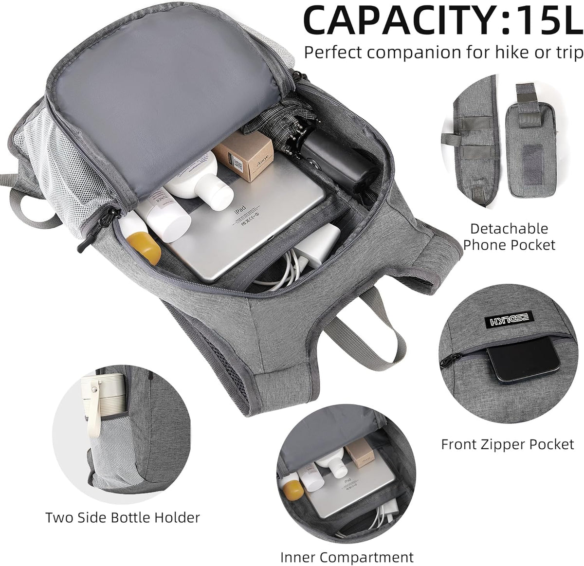 Small Hiking Backpack with Detachable Front Phone Holder, Foldable Packable Back pack with Chest and Waist Strap, Lightweight Daypack for Women Men (Gray, 15L)
