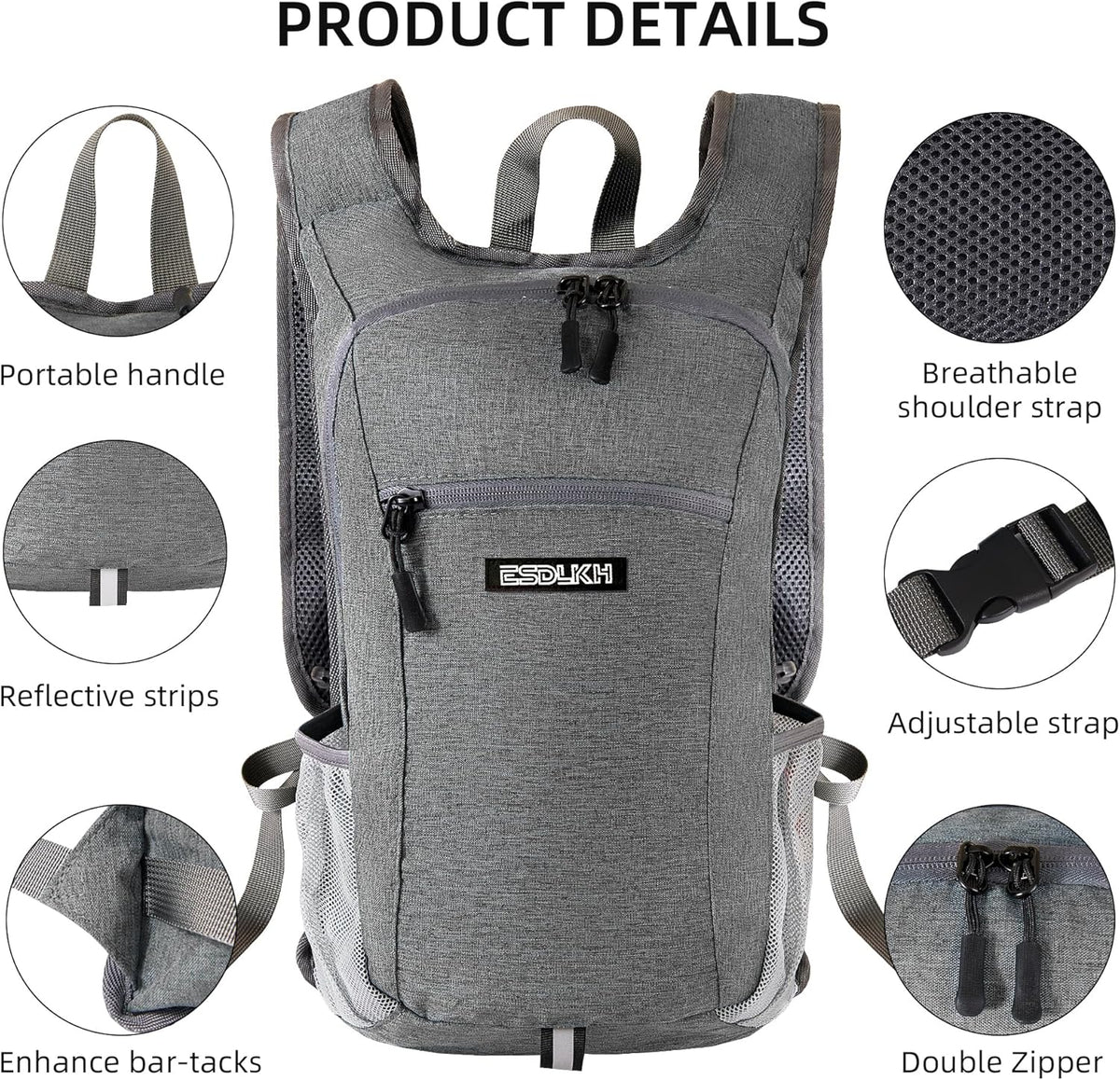 Small Hiking Backpack with Detachable Front Phone Holder, Foldable Packable Back pack with Chest and Waist Strap, Lightweight Daypack for Women Men (Gray, 15L)