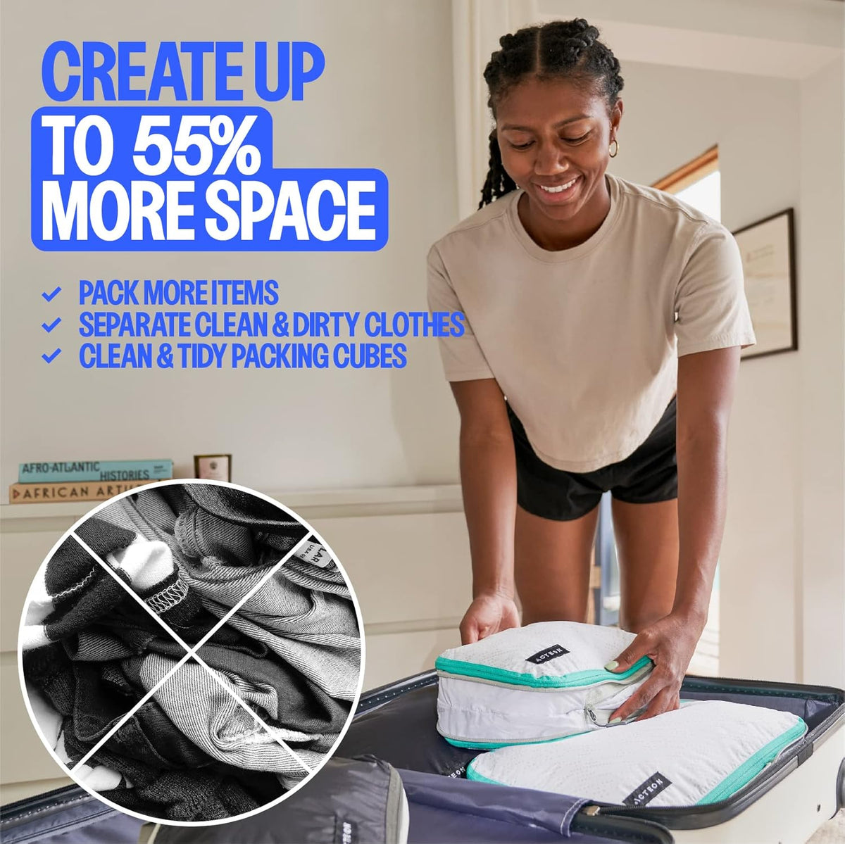 Compression Packing Cubes - 2 Pack Clean Dirty Separate Zipper - Lightweight Travel Packing Cubes for Luggage - Suitcase Organizer Travel Cubes - Large Small Laundry for Clothes Shoes Makeup