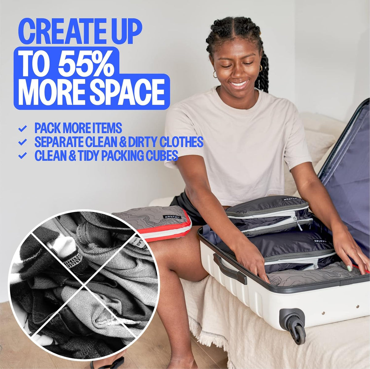 Compression Packing Cubes - 2 Pack Clean Dirty Separate Zipper - Lightweight Travel Packing Cubes for Luggage - Suitcase Organizer Travel Cubes - Large Small Laundry for Clothes Shoes Makeup