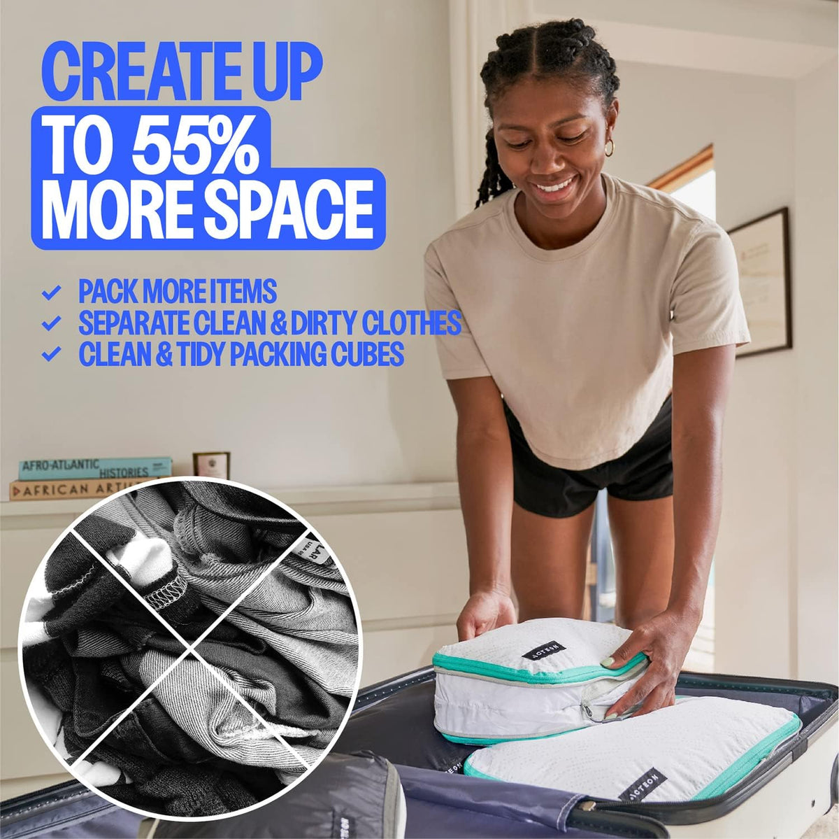Compression Packing Cubes - 2 Pack Clean Dirty Separate Zipper - Lightweight Travel Packing Cubes for Luggage - Suitcase Organizer Travel Cubes - Large Small Laundry for Clothes Shoes Makeup