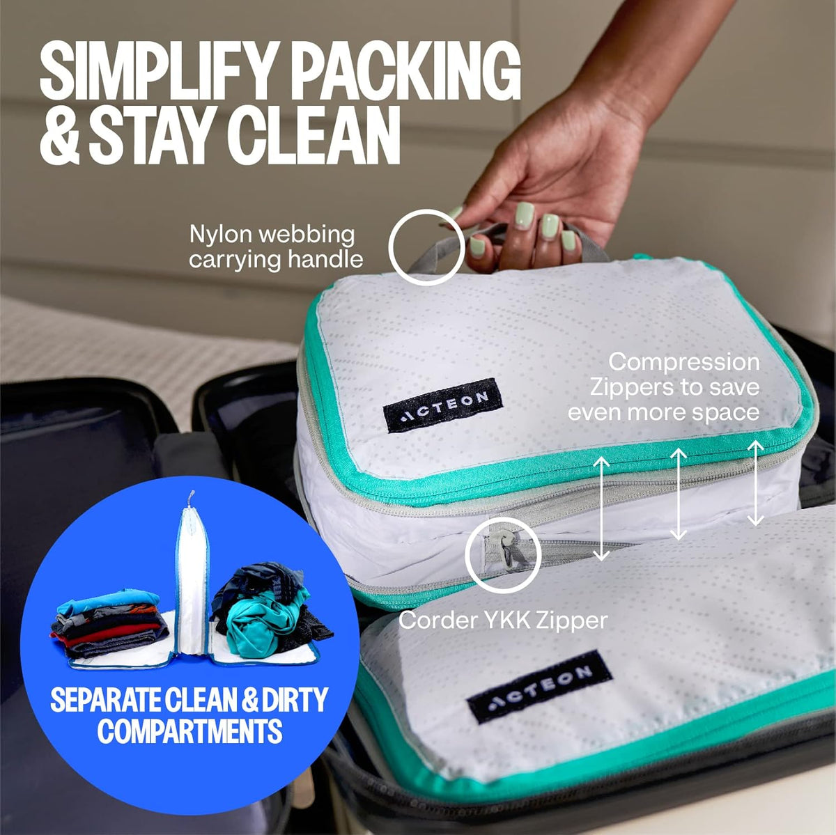 Compression Packing Cubes - 2 Pack Clean Dirty Separate Zipper - Lightweight Travel Packing Cubes for Luggage - Suitcase Organizer Travel Cubes - Large Small Laundry for Clothes Shoes Makeup