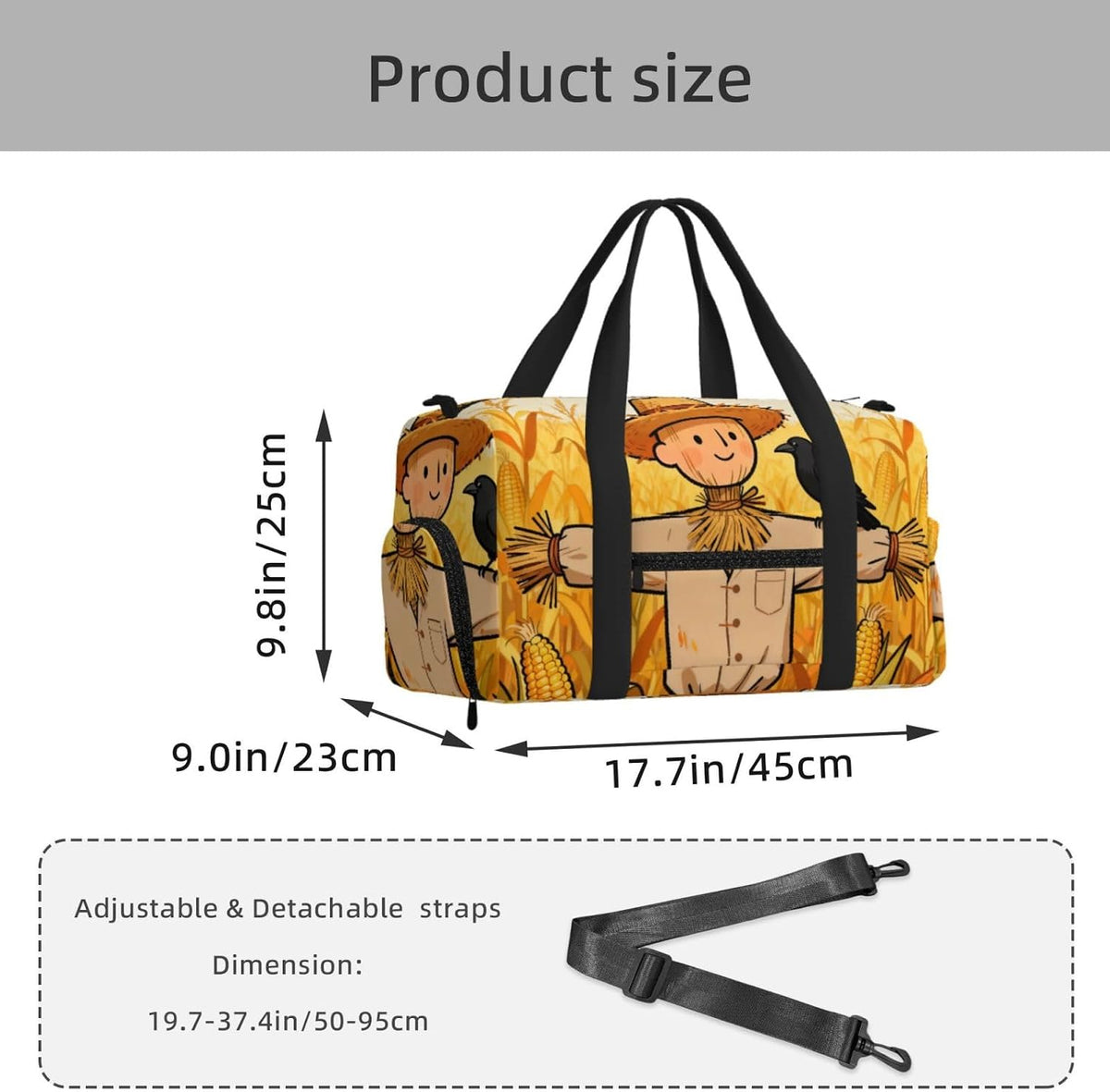 Scarecrow and Bird Duffel Bag with Shoe Compartment-Sports Gym Weekender for Men Women, Waterproof Travel Tote with Wet Pocket for Dirty Shoes