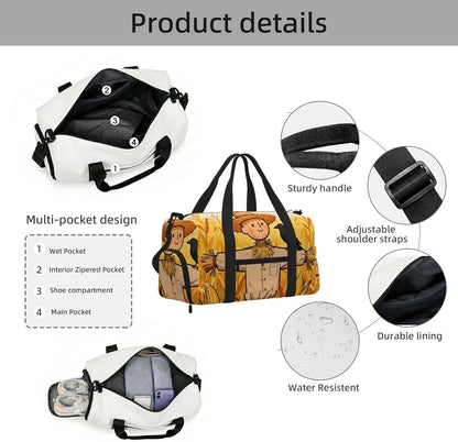 Scarecrow and Bird Duffel Bag with Shoe Compartment-Sports Gym Weekender for Men Women, Waterproof Travel Tote with Wet Pocket for Dirty Shoes