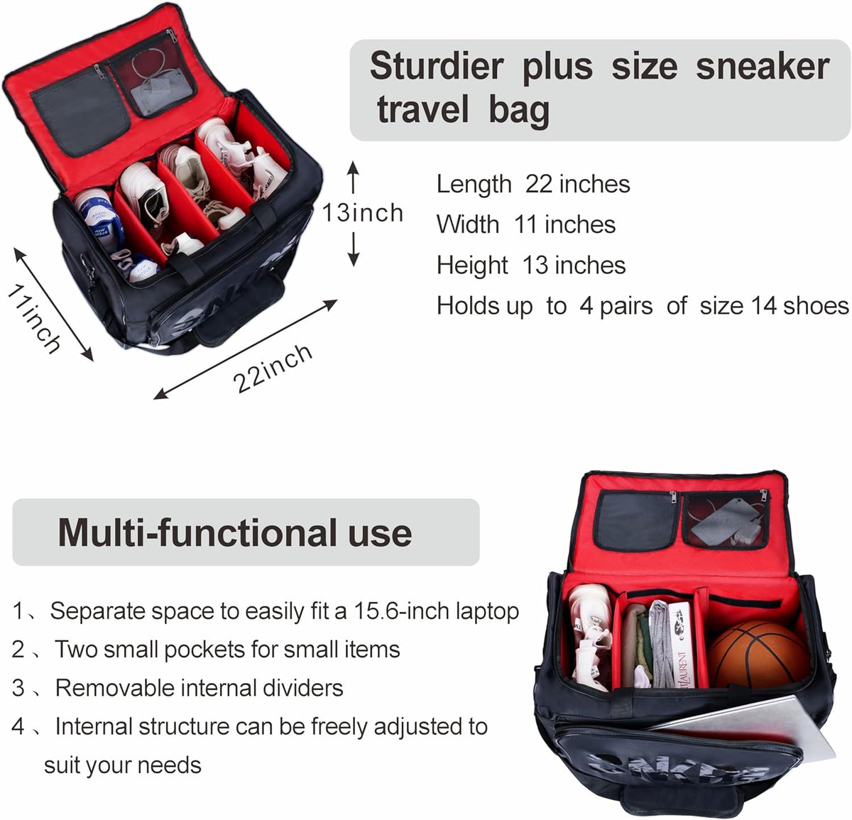 Shoe Bags for Travel Sneaker Travel Bag Shoes Duffel Bags Waterproof Gym Sports Luggage Sneakerhead Bag for Men with 3 Adjustable Dividers fit 4 Pairs Heavy Duty Travel Accessories (red)