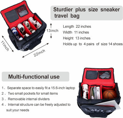 Shoe Bags for Travel Sneaker Travel Bag Shoes Duffel Bags Waterproof Gym Sports Luggage Sneakerhead Bag for Men with 3 Adjustable Dividers fit 4 Pairs Heavy Duty Travel Accessories (red)