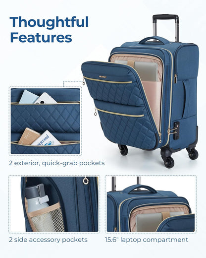 Softside Expandable Luggage Airline Approved with Spinner Wheels, 20 Inch Carry On Luggage 22x14x9 with TSA Lock, Quilted Rolling Suitcases for Women, Purple